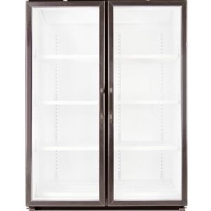 Double-door glass-front display refrigerator with interior shelves and a bottom refrigeration unit with digital control panel.