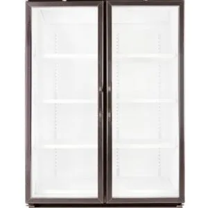 Double-door glass-front display refrigerator with interior shelves and a bottom refrigeration unit with digital control panel.
