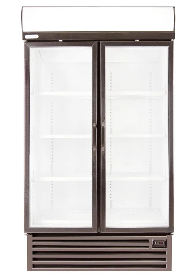 Double-door glass-front display refrigerator with interior shelves and a bottom refrigeration unit with digital control panel.