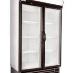 HD1140F-Left-Closedpsd | Securadeal Double door Glass front Commercial Display Refrigerator with Shelves and a Vented Base Cabinet for Cooling