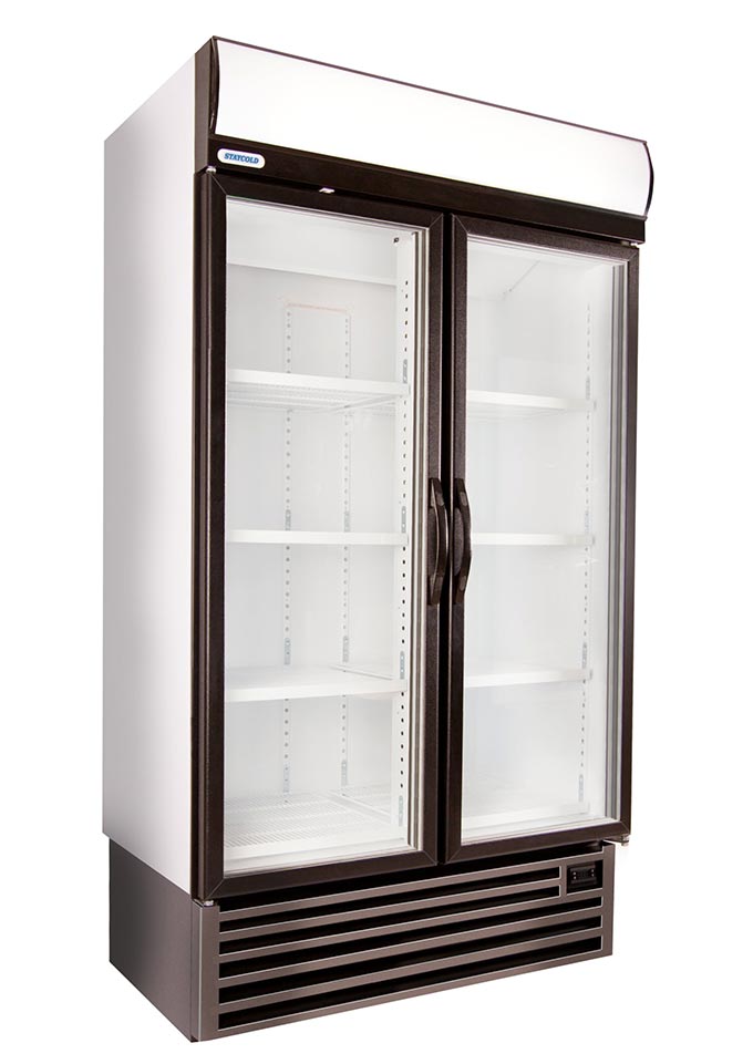 HD1140F-Left-Closedpsd | Securadeal Double door Glass front Commercial Display Refrigerator with Shelves and a Vented Base Cabinet for Cooling