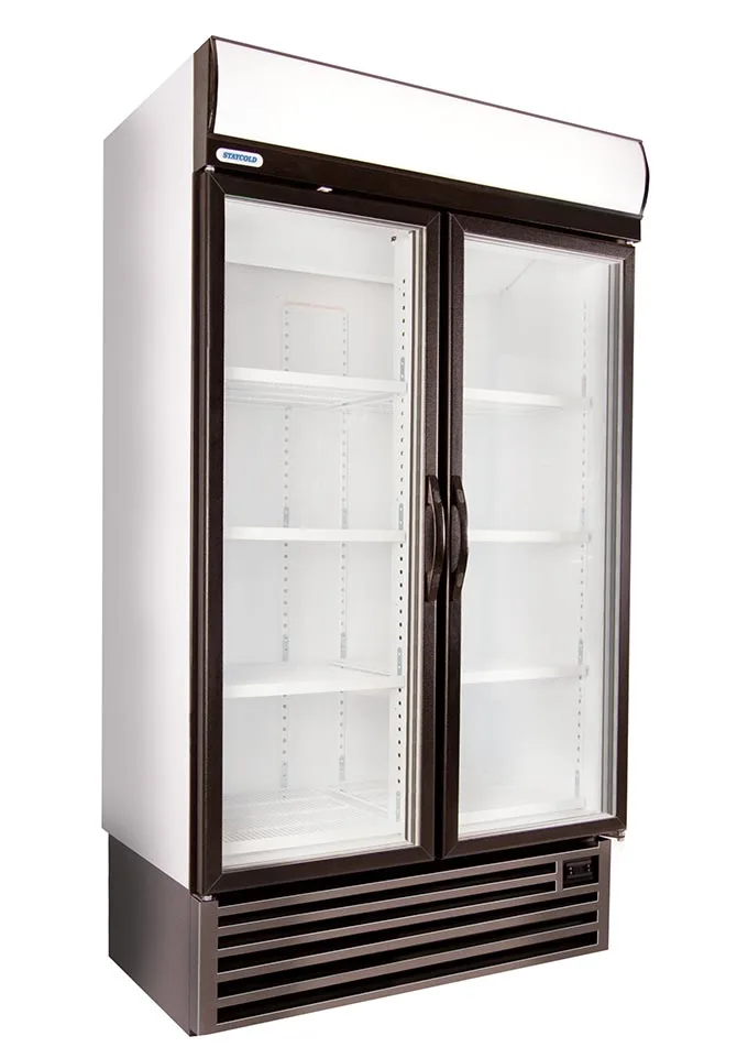 HD1140F-Left-Closedpsd | Securadeal Double door Glass front Commercial Display Refrigerator with Shelves and a Vented Base Cabinet for Cooling