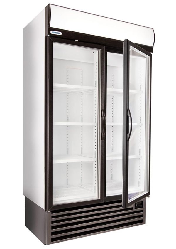 HD1140F-Left-Openpsd-600x848 | Securadeal Double door Glass front Commercial Display Refrigerator with Adjustable Shelves and a Vented Base Section