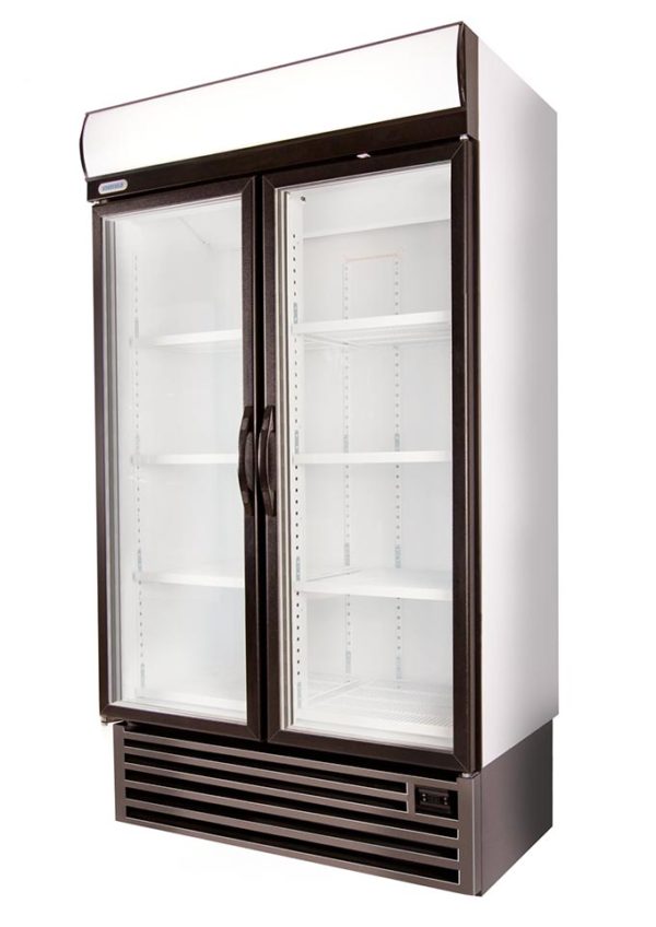HD1140F-Rightpsd-600x848 | Securadeal Double door Glass front Display Refrigerator with White Interior Shelves and a Vented Base