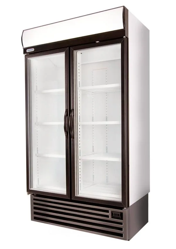 Double-door glass-front display refrigerator with white interior shelves and a vented base.