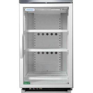 Upright glass-door display fridge with three shelves and temperature display at the bottom.