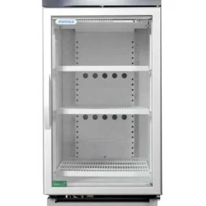 Upright glass-door display fridge with three shelves and temperature display at the bottom.