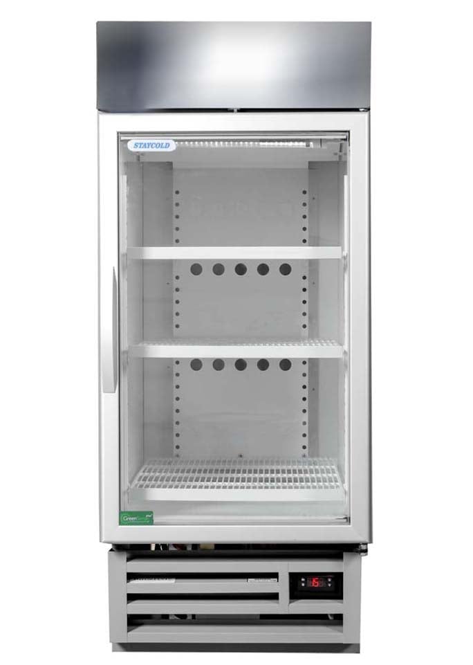 Upright Glass Door Display Fridge with Three Shelves and Temperature Display at the Bottom