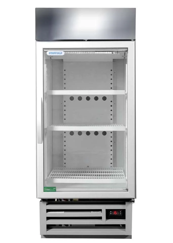 Glass‑door commercial refrigerator with three adjustable shelves and digital temperature display at the base