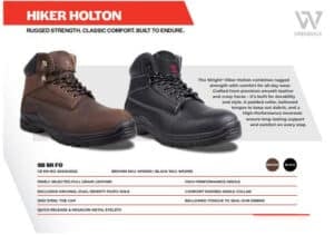 Two Hiker Holton boots (brown and black) on a catalog page, with branding and a short feature list highlighting durability, comfort, and all‑day support.