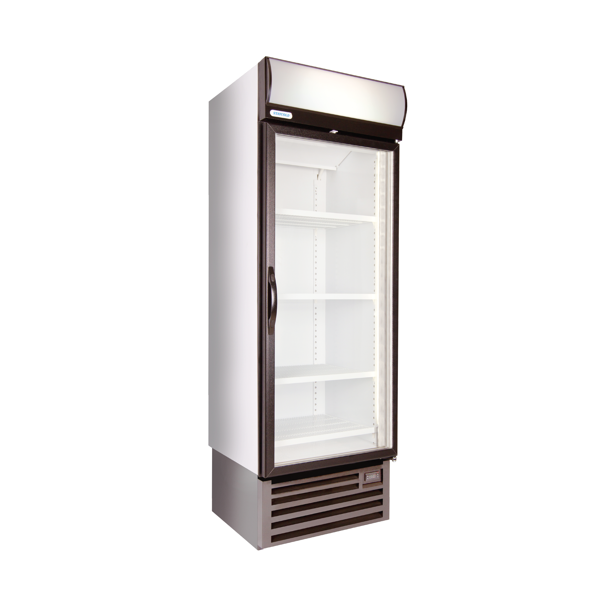 Products-05-1 | Securadeal Tall Glass door Display Refrigerator with White Interior and Dark Frame Empty Shelves Visible Inside Used to Showcase Cold Goods