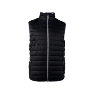 Black quilted puffer vest with a full front zipper and stand-up collar