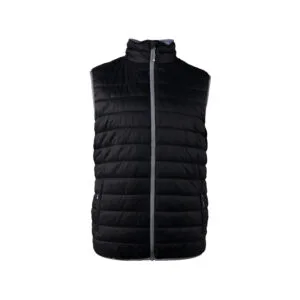 Black quilted puffer vest with a full front zipper and stand-up collar