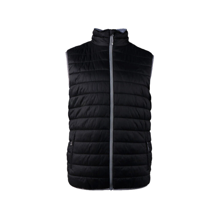 Black quilted puffer vest with a full front zipper and stand-up collar