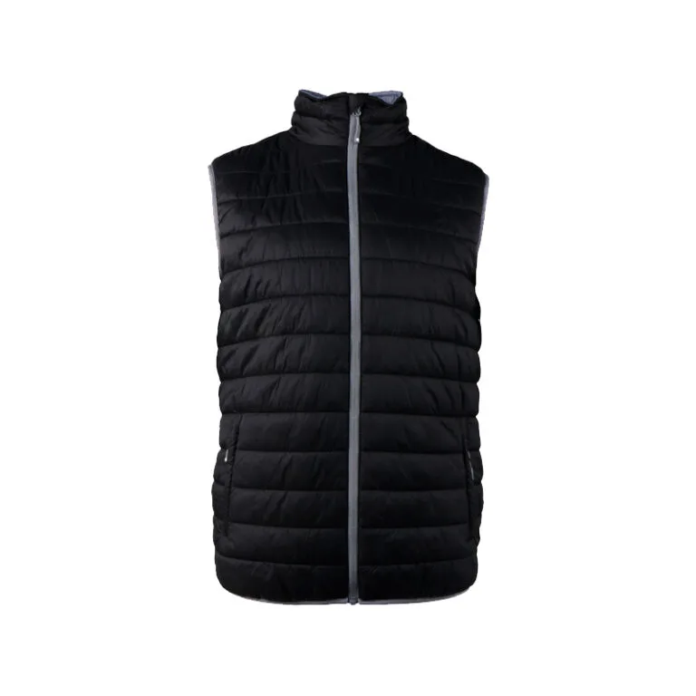 Black quilted puffer vest with a full front zipper and stand-up collar