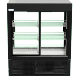 SD-1140-FLC-Front | Securadeal Black Double door Refrigerated Display Case with Glass Fronts Four Adjustable Wire Shelves on Each Side and a Vented Base