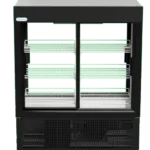SD-1140-FLC-Front | Securadeal Black Double door Refrigerated Display Case with Glass Fronts Four Adjustable Wire Shelves on Each Side and a Vented Base