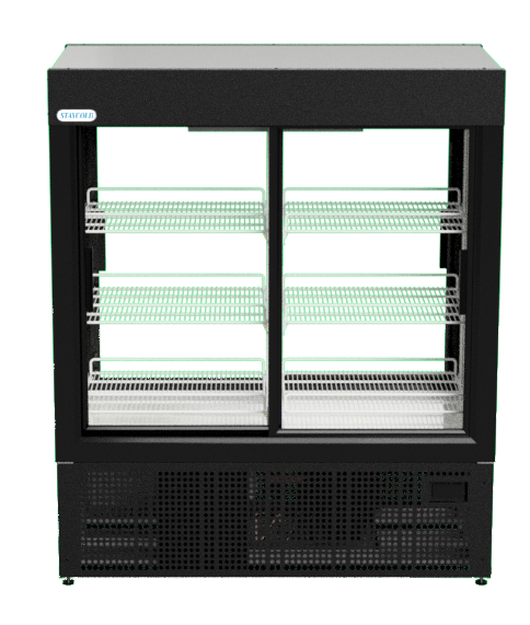 Black double-door refrigerated display case with glass fronts, four adjustable wire shelves on each side, and a vented base.