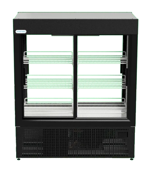 Black double-door refrigerated display case with glass fronts, four adjustable wire shelves on each side, and a vented base.
