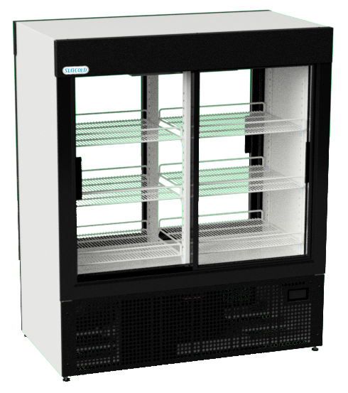 SD-1140-FLC-Left | Securadeal Two door Glass front Display Refrigerator with Multiple Chrome Wire Shelves and a Black Frame Used for Retail Display