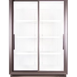 Double-door glass-front display refrigerator with white interior shelves and bottom vented base, likely a commercial merchandiser.