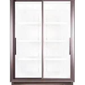Double-door glass-front display refrigerator with white interior shelves and bottom vented base, likely a commercial merchandiser.