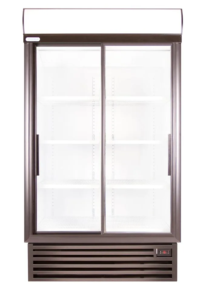Double-door glass-front display refrigerator with white interior shelves and bottom vented base, likely a commercial merchandiser.