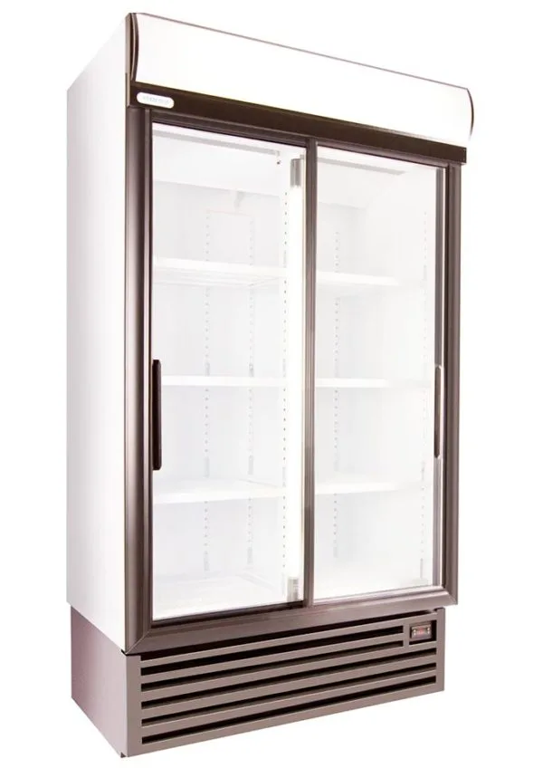 Two-door glass-front display refrigerator with empty shelves in a commercial setup to showcase chilled goods