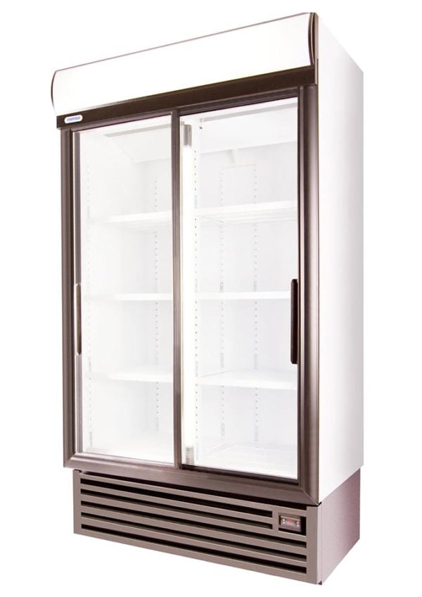 SD1140-Rightpsd-600x848 | Securadeal Double door Glass display Refrigerator for a Shop with Empty White Shelves Inside and a Vented Base Unit Below