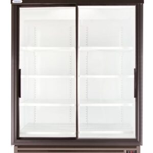Double-door glass-display refrigerator with empty shelves and a vented base underneath