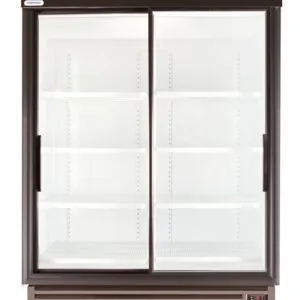 Double-door glass-display refrigerator with empty shelves and a vented base underneath