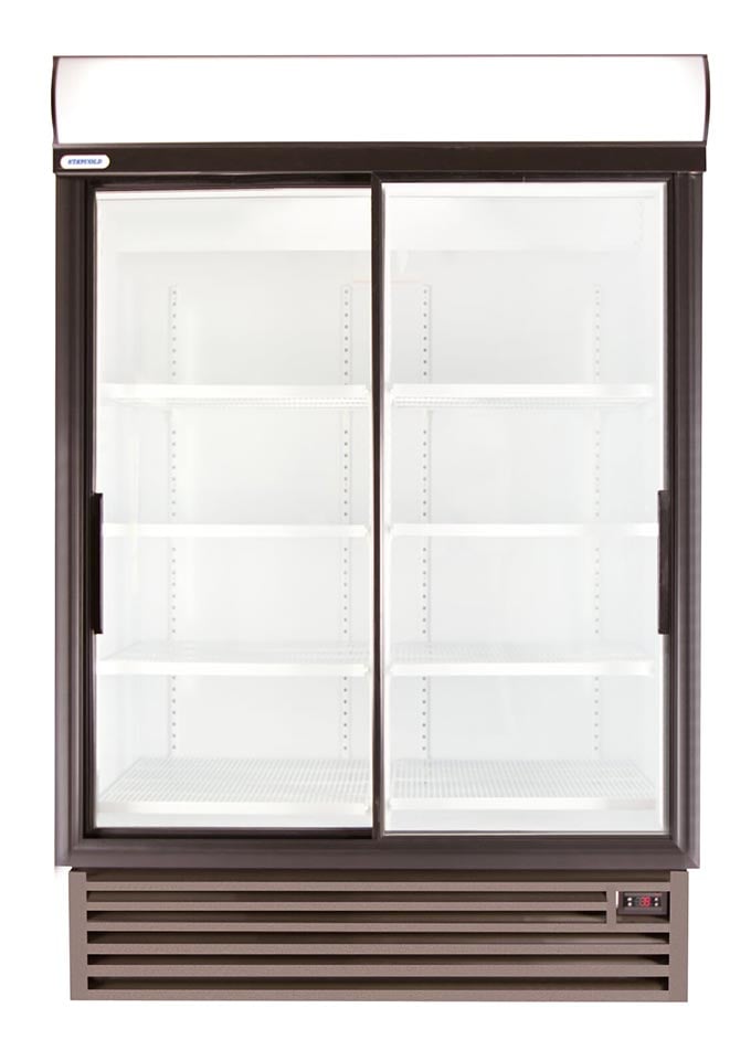Double Door Glass Display Refrigerator with Empty Shelves and a Vented Base Underneath