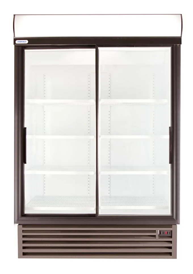 Double-door glass-display refrigerator with empty shelves and a vented base underneath