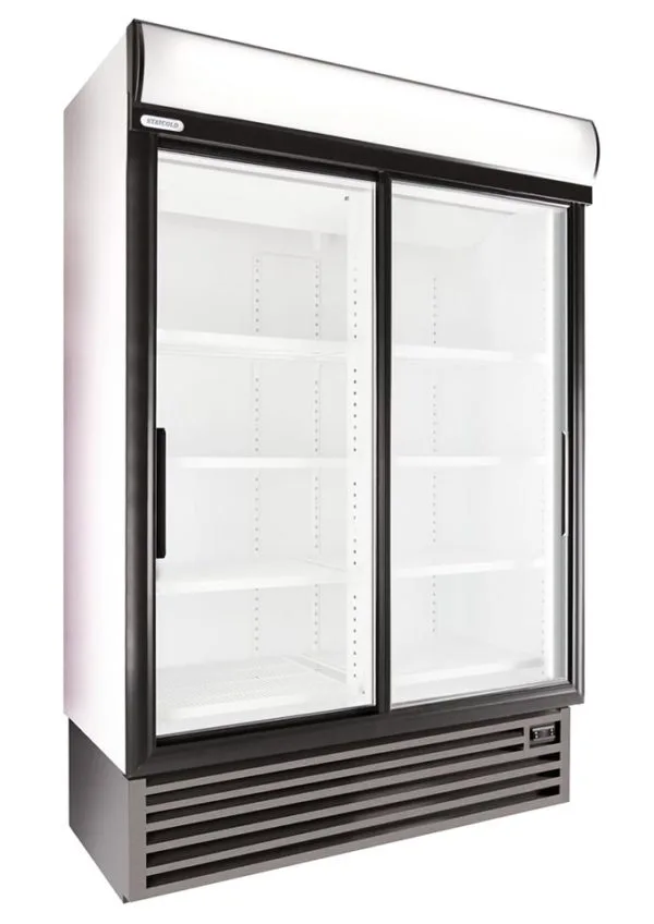SD1360-Leftpsd-600x848 | Securadeal Double door Glass front Display Refrigerator with Empty Shelves and a Vented Base Unit on the Bottom