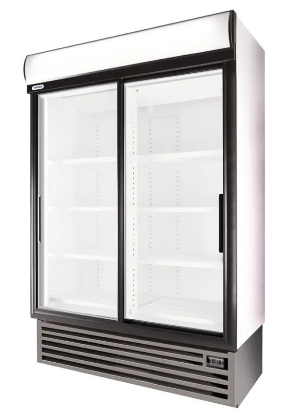 Double-door glass-front display cooler with adjustable shelves and bottom vent, for refrigerated merchandise in a store
