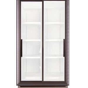 Double-door glass-front commercial refrigerator with empty shelves and bottom vented base at the bottom start of display case.