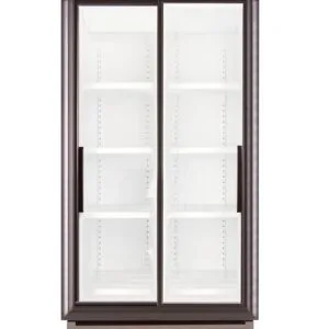Double-door glass-front commercial refrigerator with empty shelves and bottom vented base at the bottom start of display case.