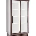 SD890-Leftpsd | Securadeal Double door Glass front Display Refrigerator with White Interior Shelves and Brown Frame
