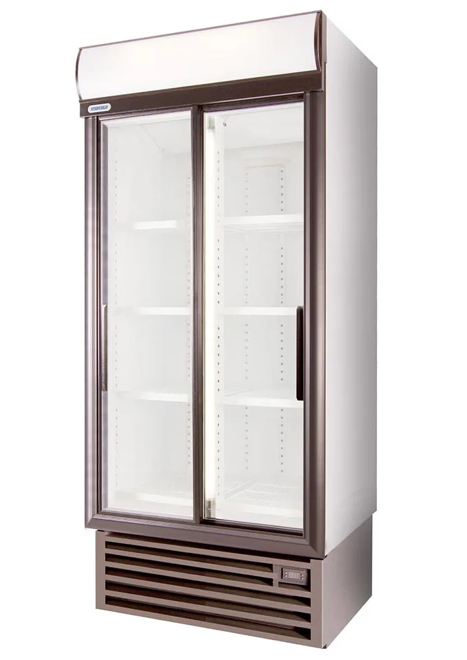 Refrigerated display case with double glass doors and white interior shelves, accessed from the front.