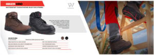 HIKER HRO promotional banner showing brown and black heat-resistant hiking boots with a climber's boots on a wooden frame to the right.