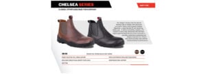 Screenshot 2026-05-06 084019 | Securadeal Pair of Chelsea Series leather Chelsea boots in brown and black on a white background with a descriptive panel and product specs below.