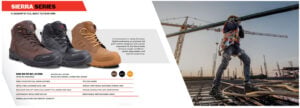 Sierra Series banner: three Wright safety boots (brown, gray, tan) on the left with a construction worker lifting a steel beam on the right.