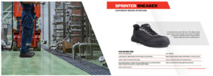 Factory Floor with a Workers Legs in Blue Overalls Near Red Machinery Right Side Shows a Sprinter Sneaker Advertisement with a Black Shoe Image