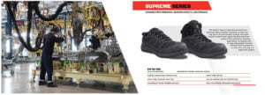 Screenshot 2026-05-06 084019 | Securadeal Factory floor scene with workers examining machinery; right panel displays black Supreme Series safety shoes.