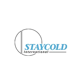 Staycold International Logo a Circle with a Vertical Line and Blue Italic staycold with a Light Underline and international Text
