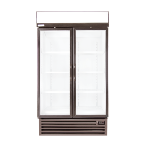 Two-door glass-front display refrigerator with dark brown frame and digital temperature control at the bottom.