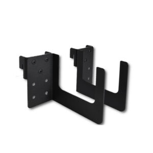 Black metal mounting bracket with perforated plates and curved arms, likely for securing equipment.