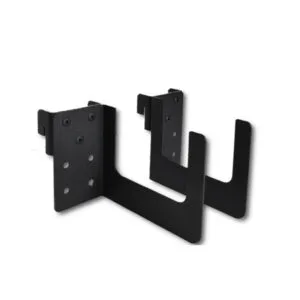 Black metal mounting bracket with perforated plates and curved arms, likely for securing equipment.