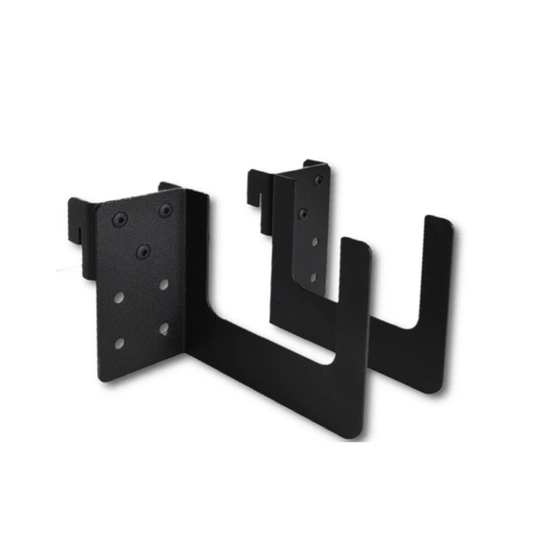 Black metal mounting bracket with perforated plates and curved arms, likely for securing equipment.