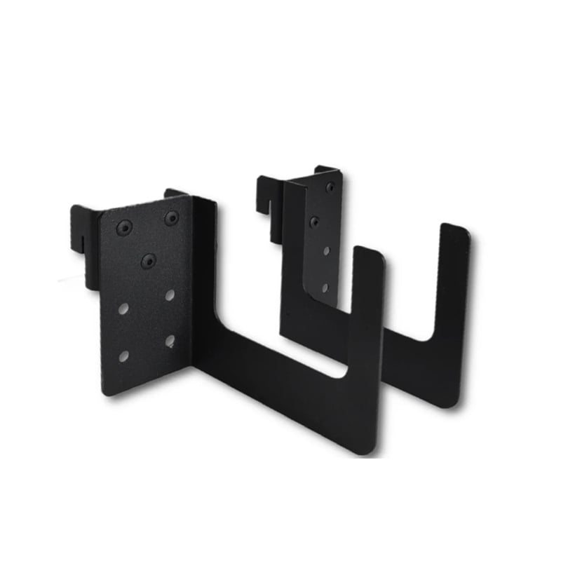 Black Metal Mounting Bracket with Perforated Plates and Curved Arms Likely for Securing Equipment